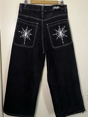 RARE Overdrive Embroidered Spider Baggy Wide Leg Jeans 34x27 *FLAWS* SOLD OUT